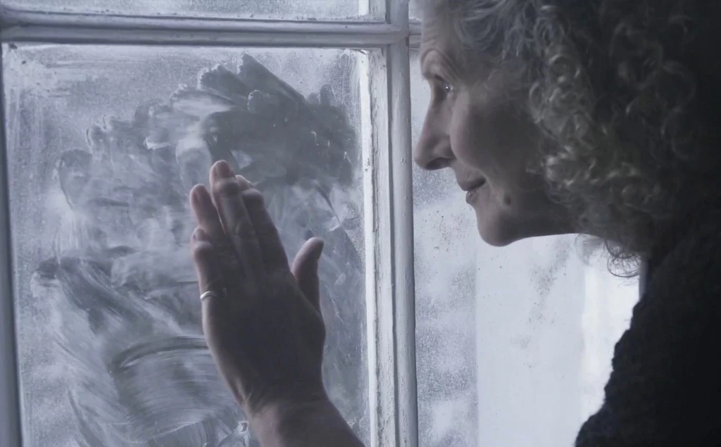 A women looking through a dusty window.