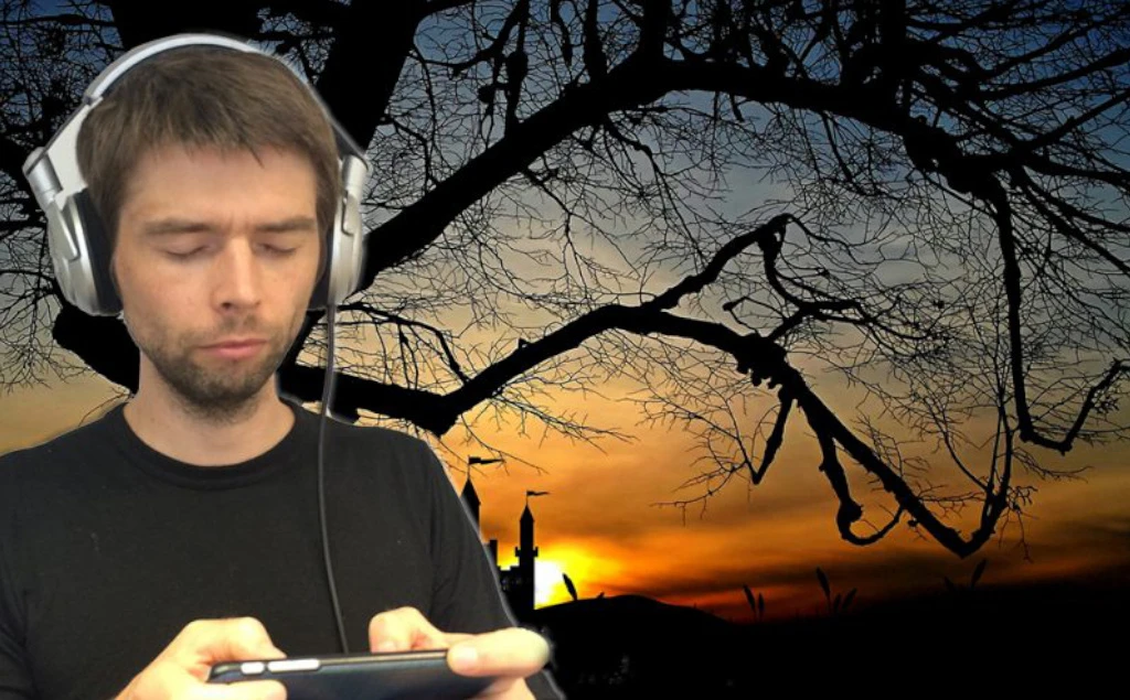 A photo collage with Krisztian playing audio games.