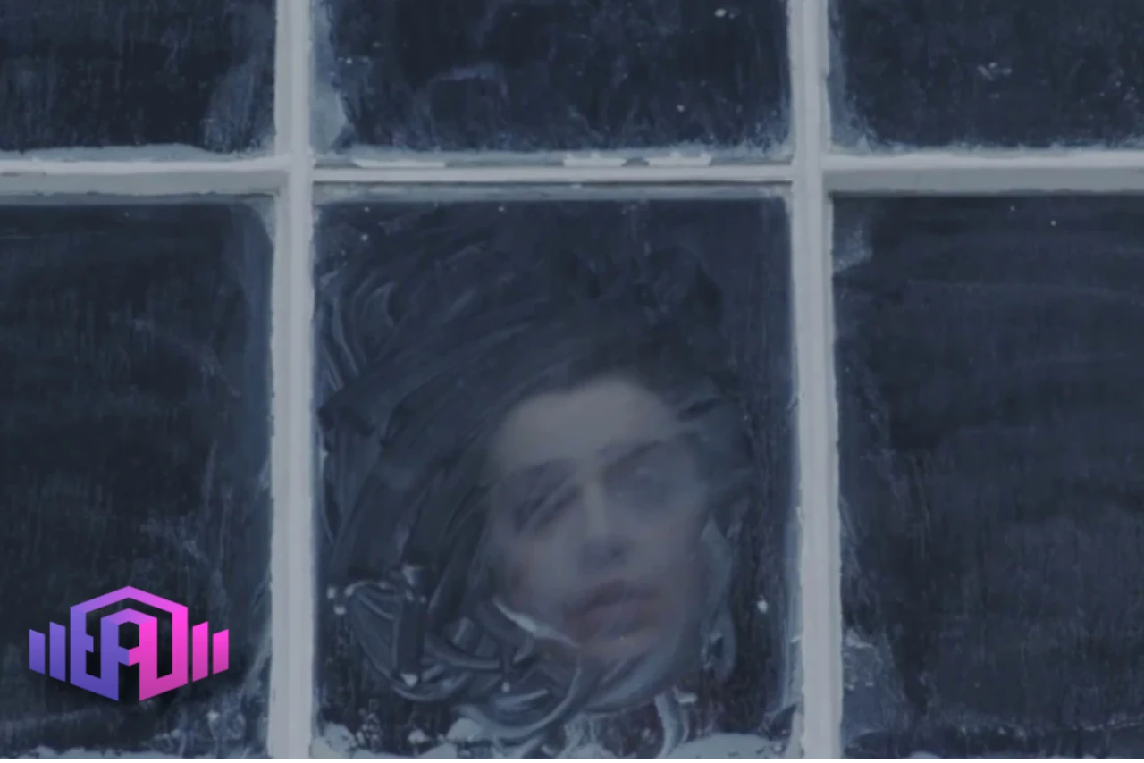 Girl looking through a foggy window.