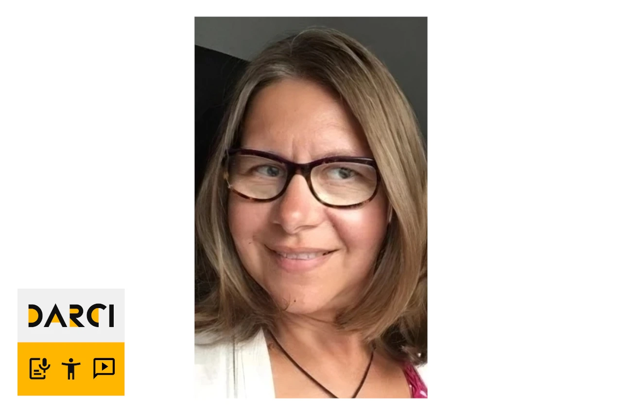 Headshot photo of Hannah Thompson with DARCI podcast logo.