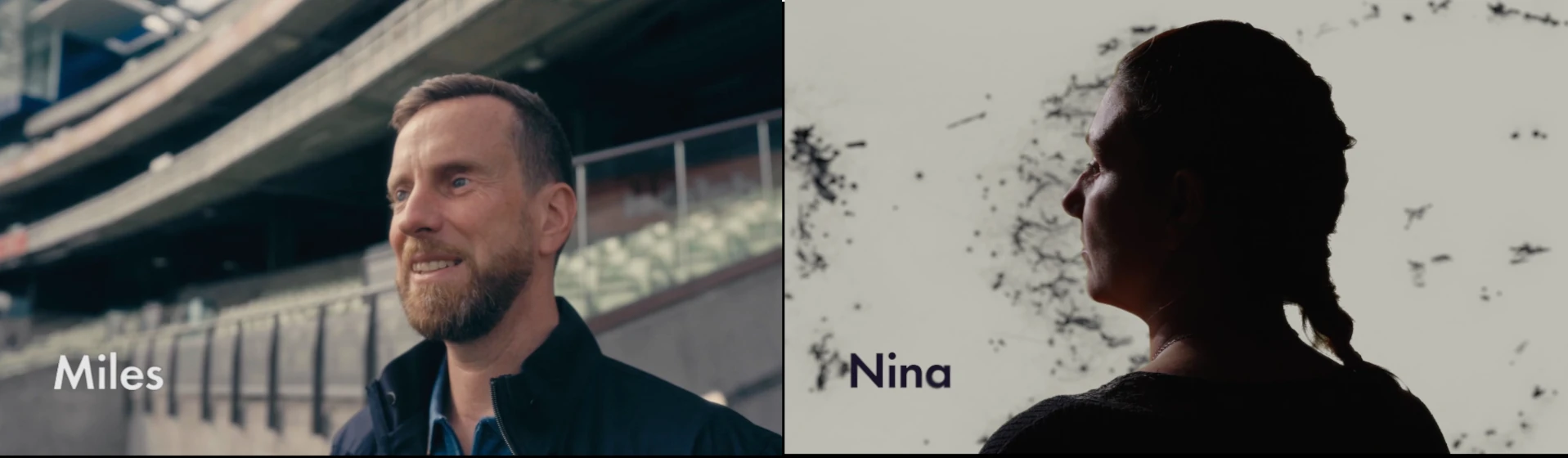 A split image featuring Miles on the left with a stadium backdrop and Nina on the right against a textured, abstract background.