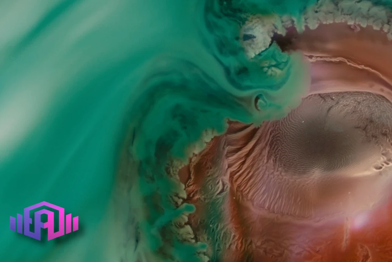 A vibrant abstract swirl of turquoise and coral colors, resembling flowing liquid patterns or marbling art, with intricate textures.