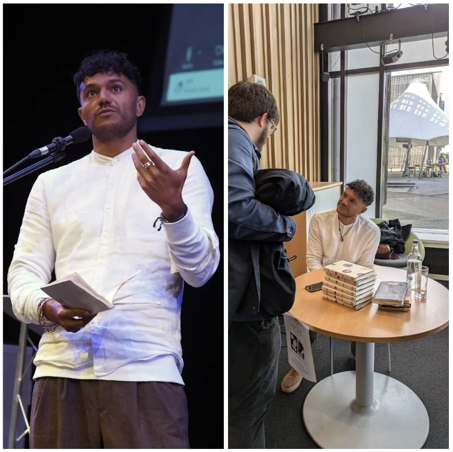 Photo collage of Raymand. Presenting (left), signing his book (right).