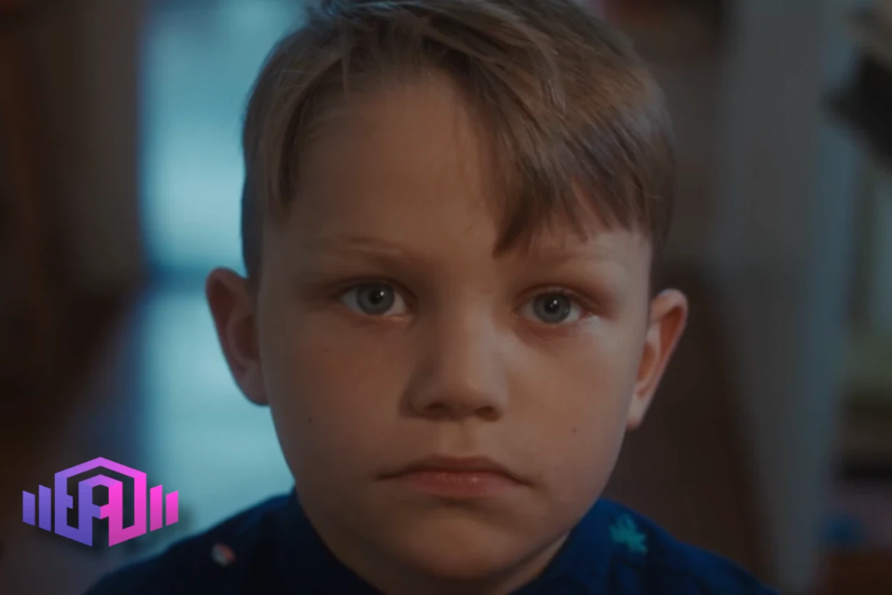 ‘A young boy with short, light-brown hair and blue eyes, gazes intently at the camera. The background is softly blurred, adding a serious tone.’