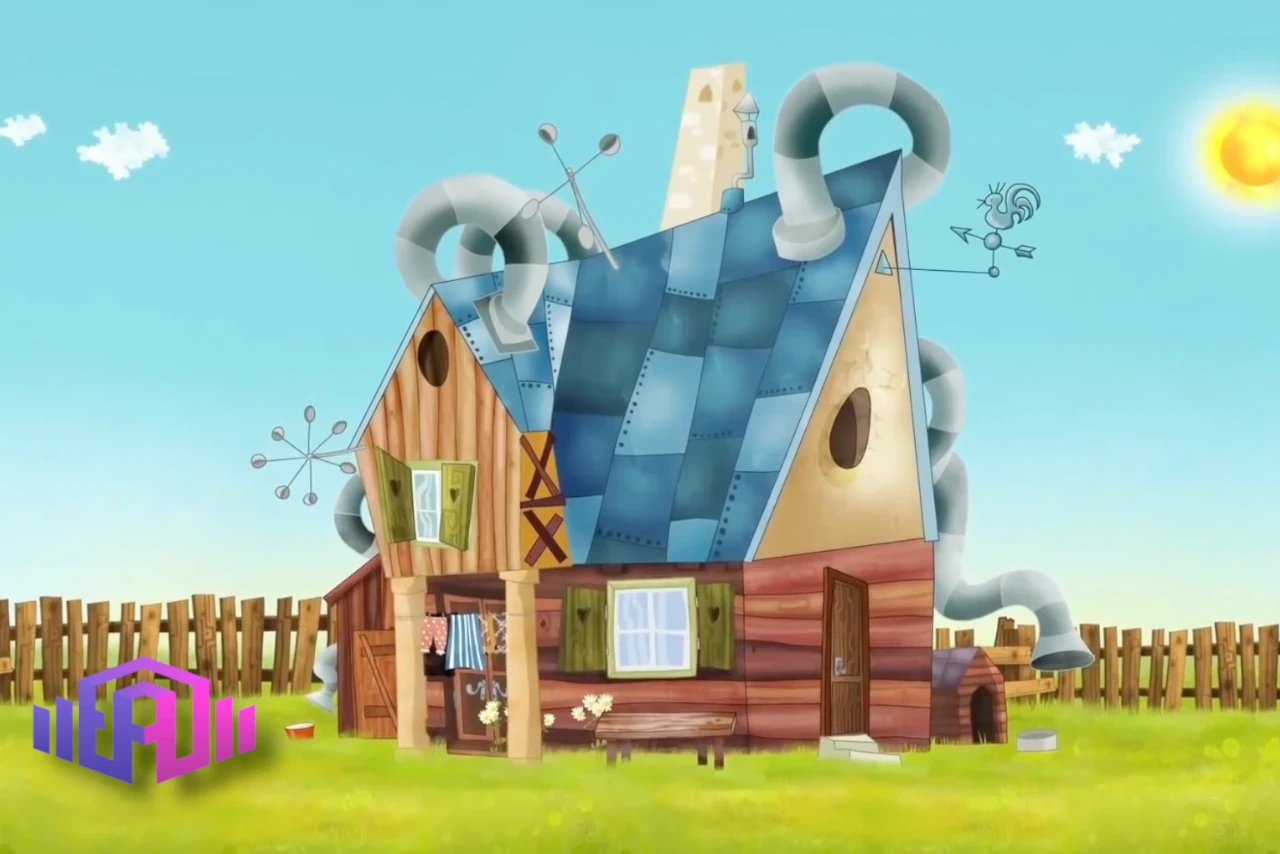 ‘A whimsical cartoon house with a patchwork roof and chimney pipes. Surrounded by a wooden fence and trees under a bright, sunny sky.’