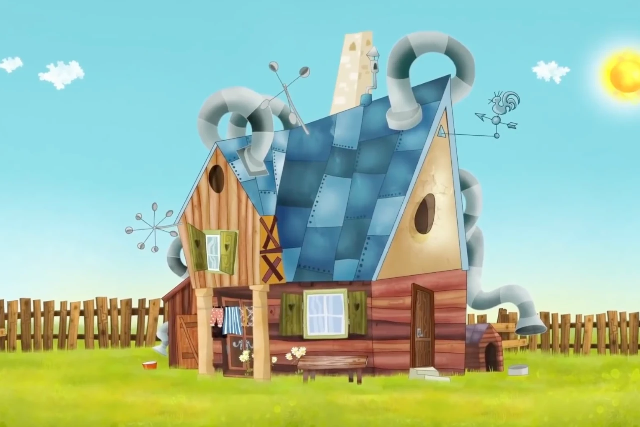 ‘A whimsical cartoon house with a patchwork roof and chimney pipes. Surrounded by a wooden fence and trees under a bright, sunny sky.’