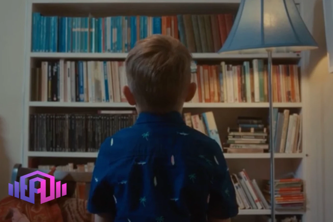 A young boy stands in front of a tall bookcase filled with colorful books.